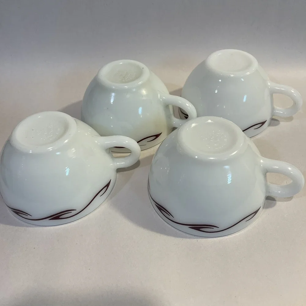 Vintage Pyrex Teacups Coffee Corning‎ Milk Glass Restaurant Ware Maroon Waves